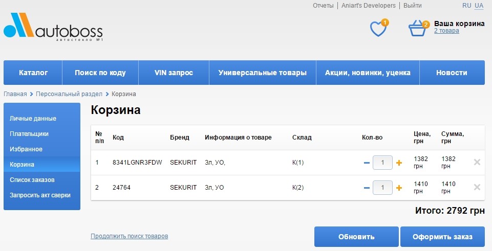 Экран оформления заказа в B2B-платформе Autoboss