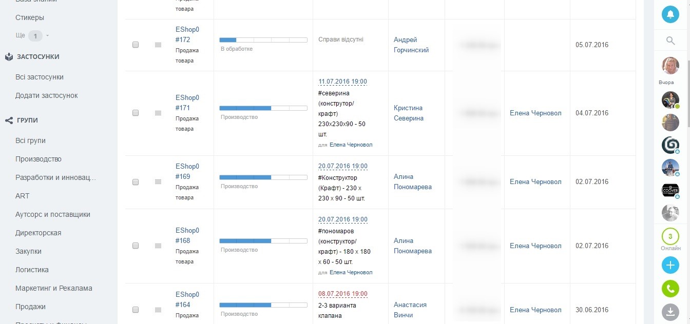 Список заказов, поступивших с сайта в CRM-систему