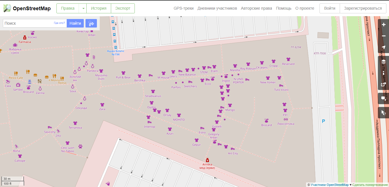 Тот же Lavina mall на Open Street Maps: отмечены входы и проходы