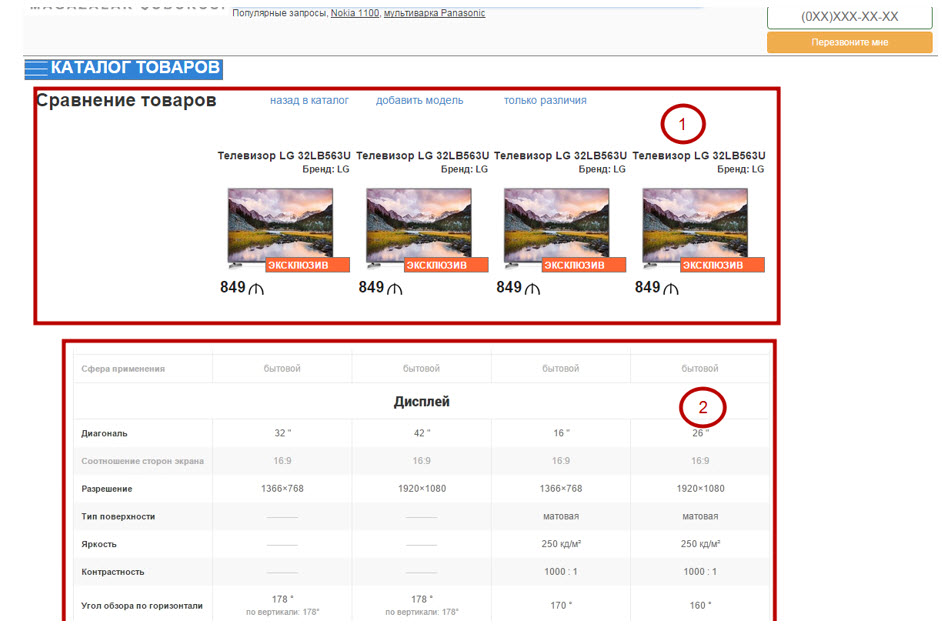 Layout of the product comparison page: the images and prices zone and the specifications zone