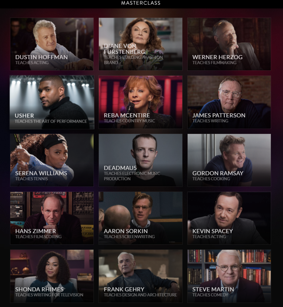Home page of the MasterClass education service